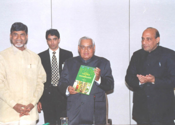 The Prime Minister Shri Atal Bihari Vajpayee is presented a copy of report of Task Force on Microirrigation by the Chief Minister of Andhra Pradesh Shri Chandrababu Naidu in New Delhi on February 04, 2004 (Wednesday).