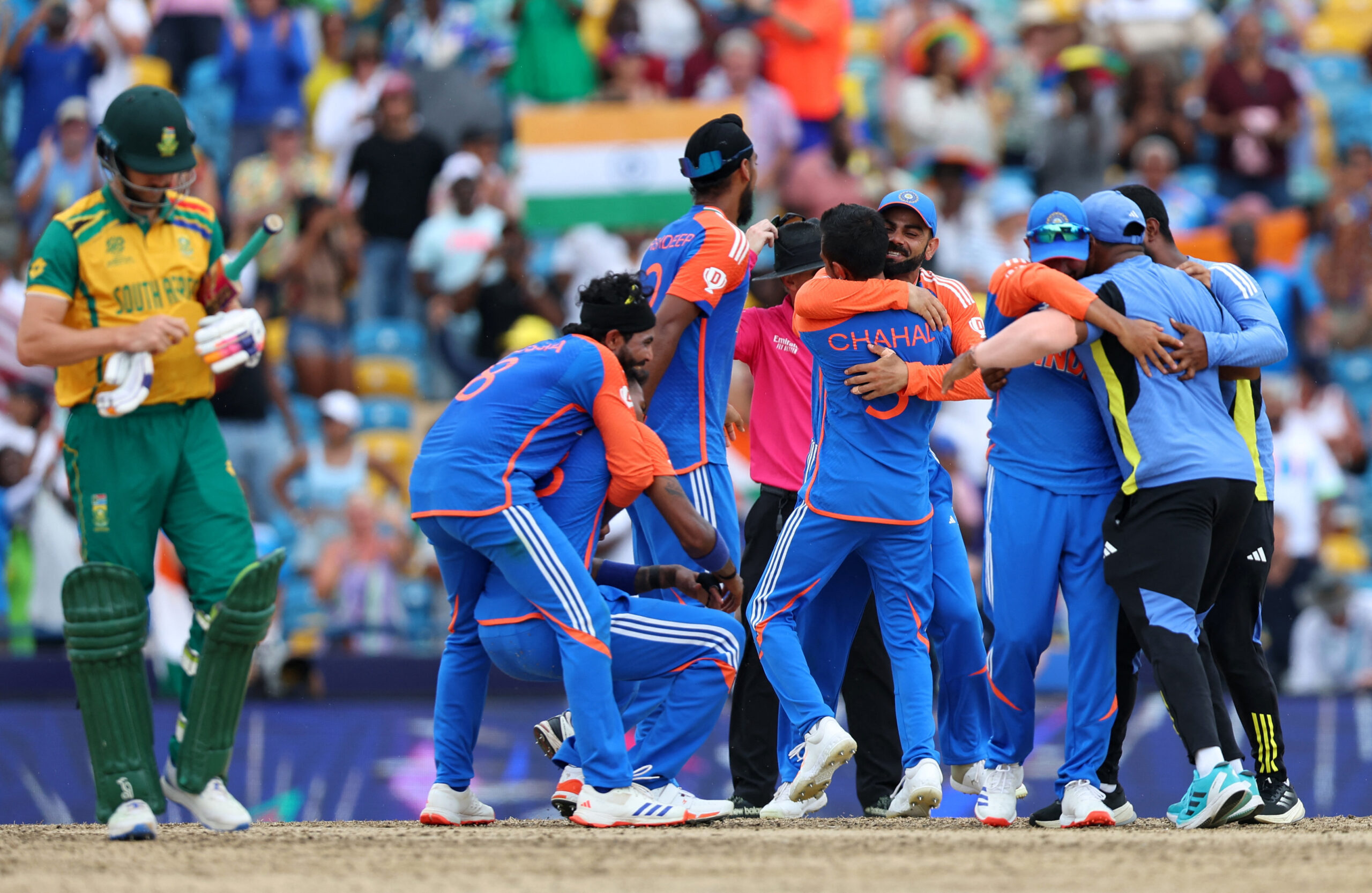 Cricket - ICC T20 World Cup 2024 - Final - India v South Africa - Kensington Oval, Bridgetown, Barbados - June 29, 2024 India players celebrate after winning the T20 World Cup REUTERS/Ash Allen